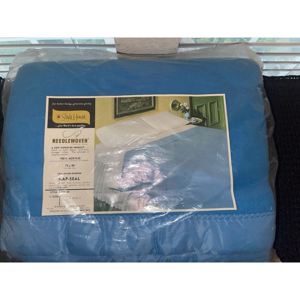 Vintage Style House Needlewoven Blue New Old Stock Full Size Blanket W/Nylon Tri